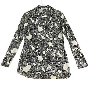 Vintage 80s Zebra‎ Print Button Down Shirt Women 10 Black White Graphic Safari